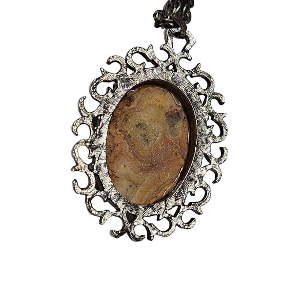 Vintage Elegant Crazy Lace Jasper Pendant Necklace Silver Tone Fashion Jewelry - Picture 3 of 6